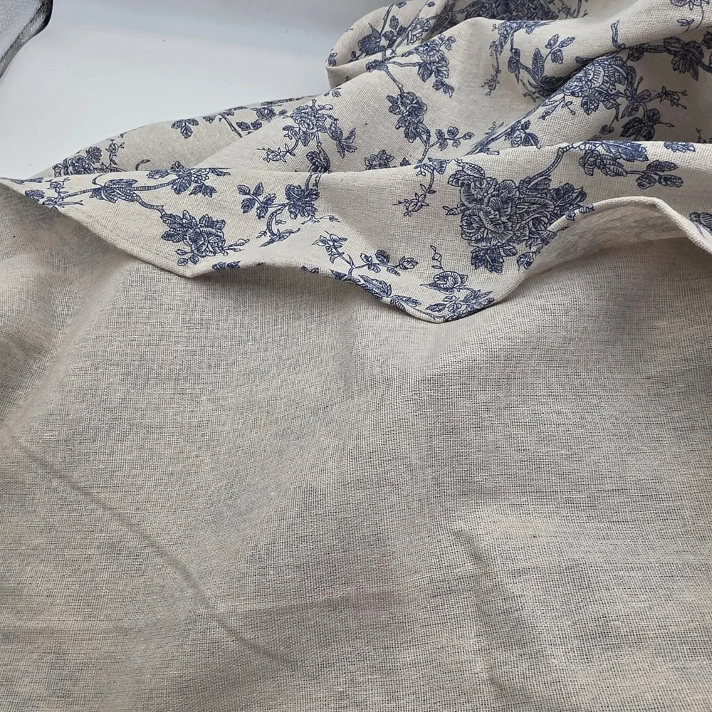 Blue Floral Toile Round Tablecloth Linen Blend French Country Farmhouse Decor